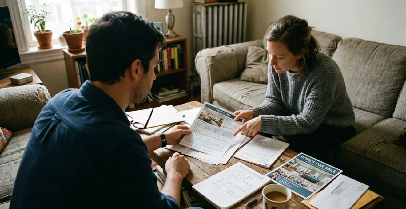 Un couple vu de dos consulta nt des documents immobilier sur une table basse dans un salon lumineux, légère désorganisation, ambiance réelle
