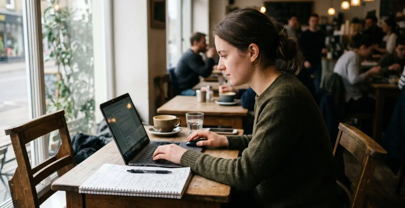 Personne assise dans un café, ordinateur ouvert sur la table, carnet avec calculs manuscrits, ambiance travail nomade