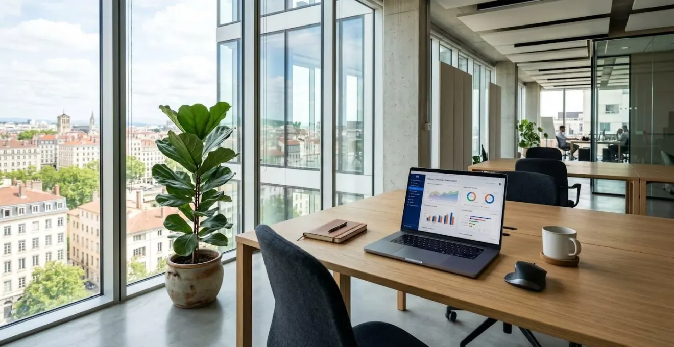 Bureau contemporain épuré avec ordinateur portable ouvert affichant des données financières, grande fenêtre lumineuse et plante verte au premier plan