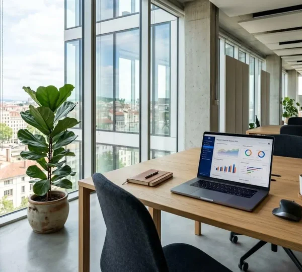 Bureau contemporain épuré avec ordinateur portable ouvert affichant des données financières, grande fenêtre lumineuse et plante verte au premier plan