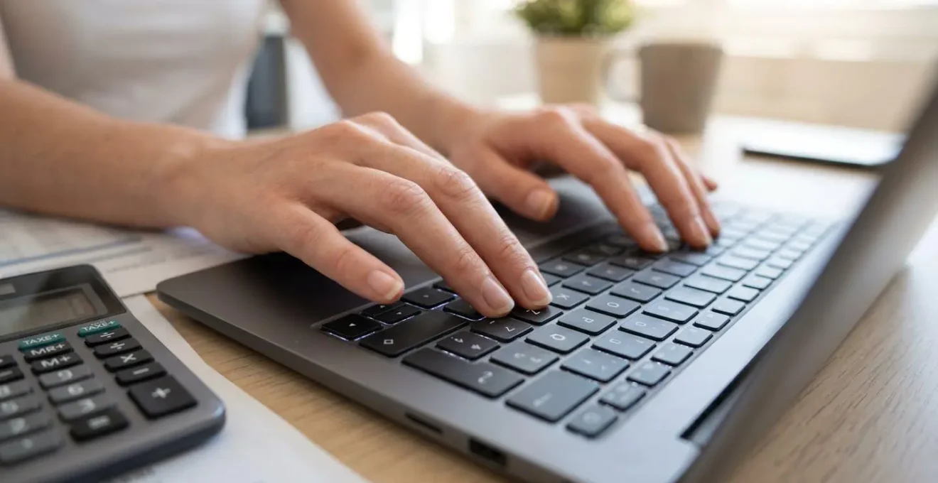 Gros plan macro sur des mains tapant sur un clavier d'ordinateur avec une calculatrice et des documents financiers flous en arrière-plan