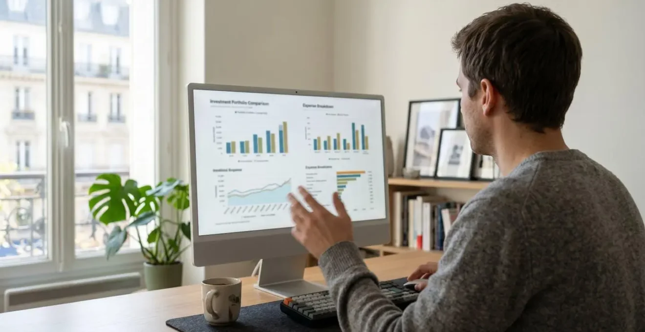 Personne vue de dos devant un écran d'ordinateur consultant des graphiques de taux d'intérêt dans un bureau contemporain lumineux